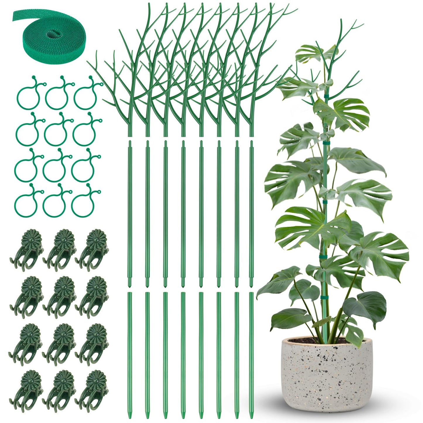 NiHome Comprehensive Plant Support Stake Set of 8 - Durable, UV Resistant 39.5" Stakes with Extension Poles, Orchid Clips & Plant Ties for Climbing Indoor & Outdoor Plants, Monstera, Pothos & More