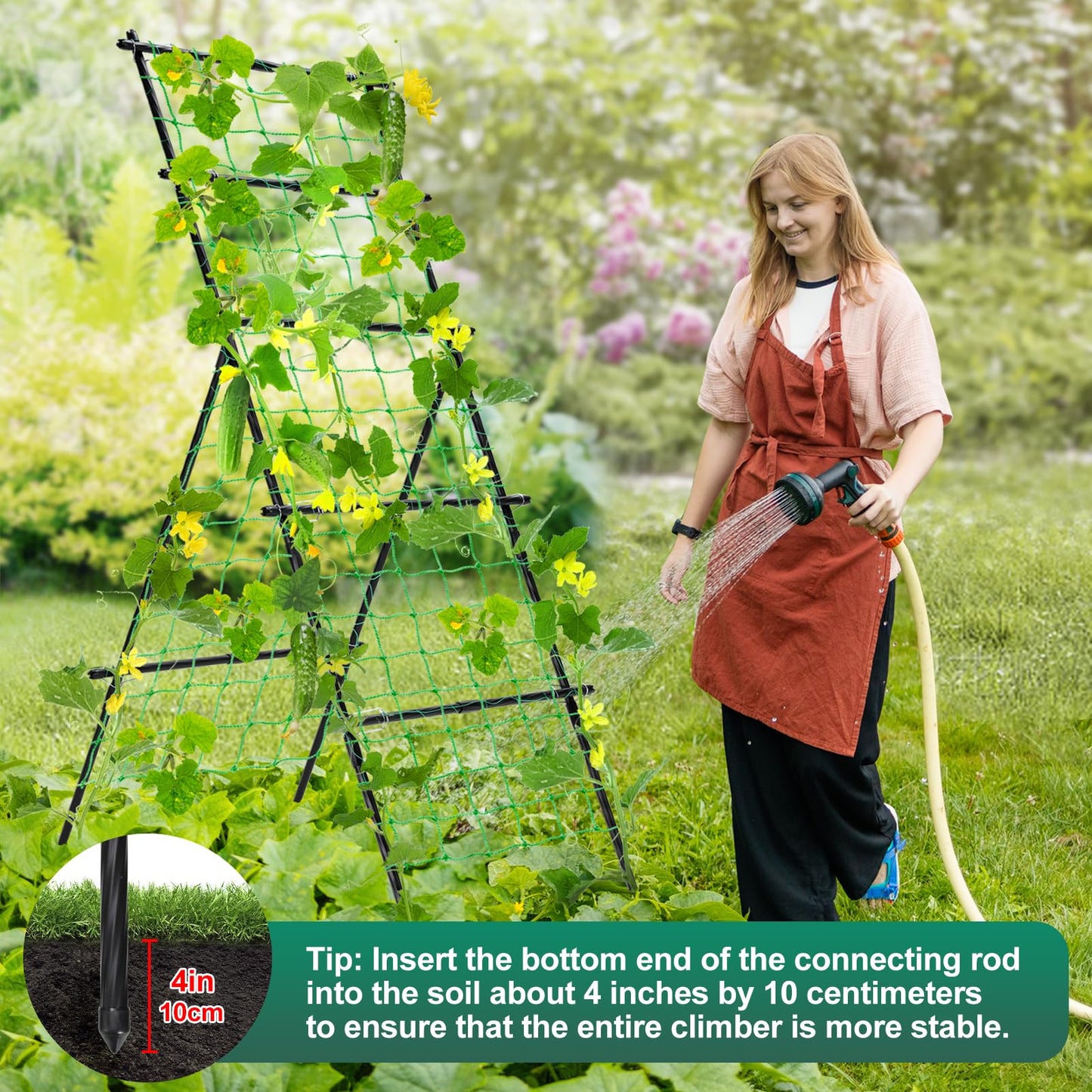 Yotoworth Cucumber Trellis A Frame Garden Trellis, Vertical Plant Support with Netting for Raised Bed Backyard Gardening, PE Coated Steel Climbing Trellis for Cucumbers Tomatoes Beans