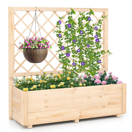 Giantex Raised Garden Bed with Trellis, Drainage Hole, Wood Elevated Planter Box for Climbing Vine Flower Herb Vegetable Fruit, Planting Container for Indoor Outdoor Patio Balcony (39”x14”x40”)