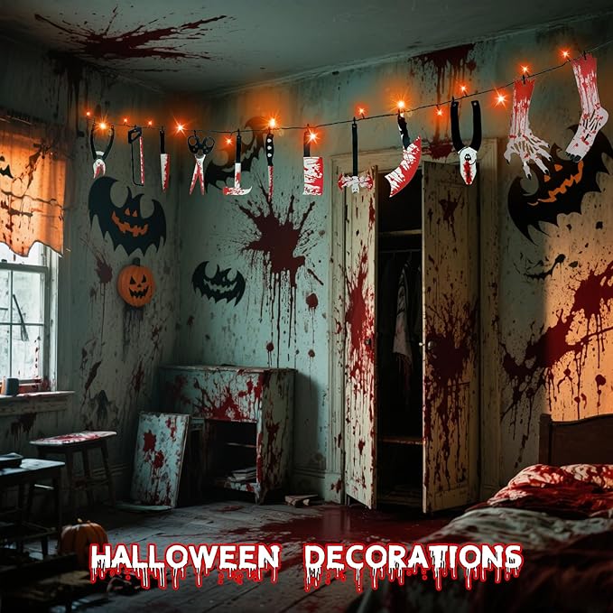 Halloween Party Decorations with 11FT Halloween Lights String and 15 Fake Props, 8 Modes Timer Waterproof Indoor Outdoor Battery Operated, Orange