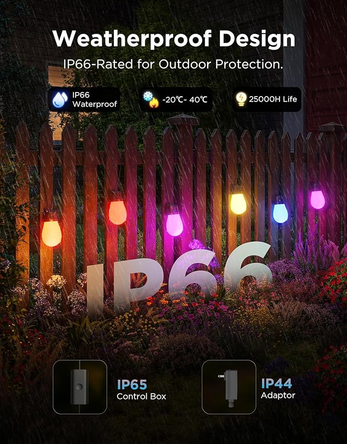 Govee S14 Bulb Outdoor String Lights 2, 144ft RGBIC Smart Warm White Outdoor Lights with 15 LED Bulbs, 111 Scene Modes for Outdoor Decor, IP66 Compatible with Alexa, Google, Matter, APP Control