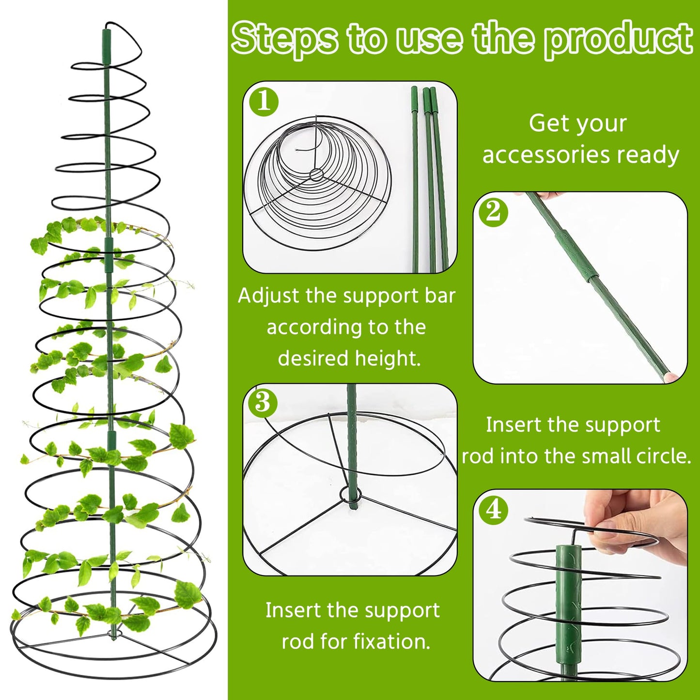 3 Pack 53.6" Spiral Plant Support Stakes, Adjustable Metal Pea Trellis for Climbing Plants, Garden Support Rings with 9 Extension Rods & 9 Ground Stakes for Potted Plants, Vegetables, Flowers,Peas