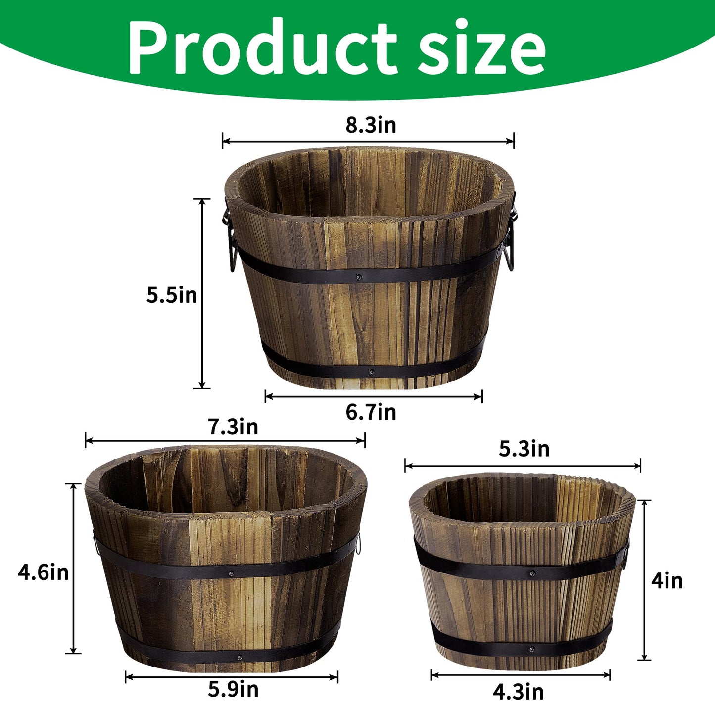 Adnee 3 Pcs Wooden Whiskey Barrel Planters - 3 Sizes Wooden Bucket Barrel Garden Planters Set - Rustic Flower Planters Pots Container for Indoor Outdoor Garden Home Plants(5.3",7.3",8.3")