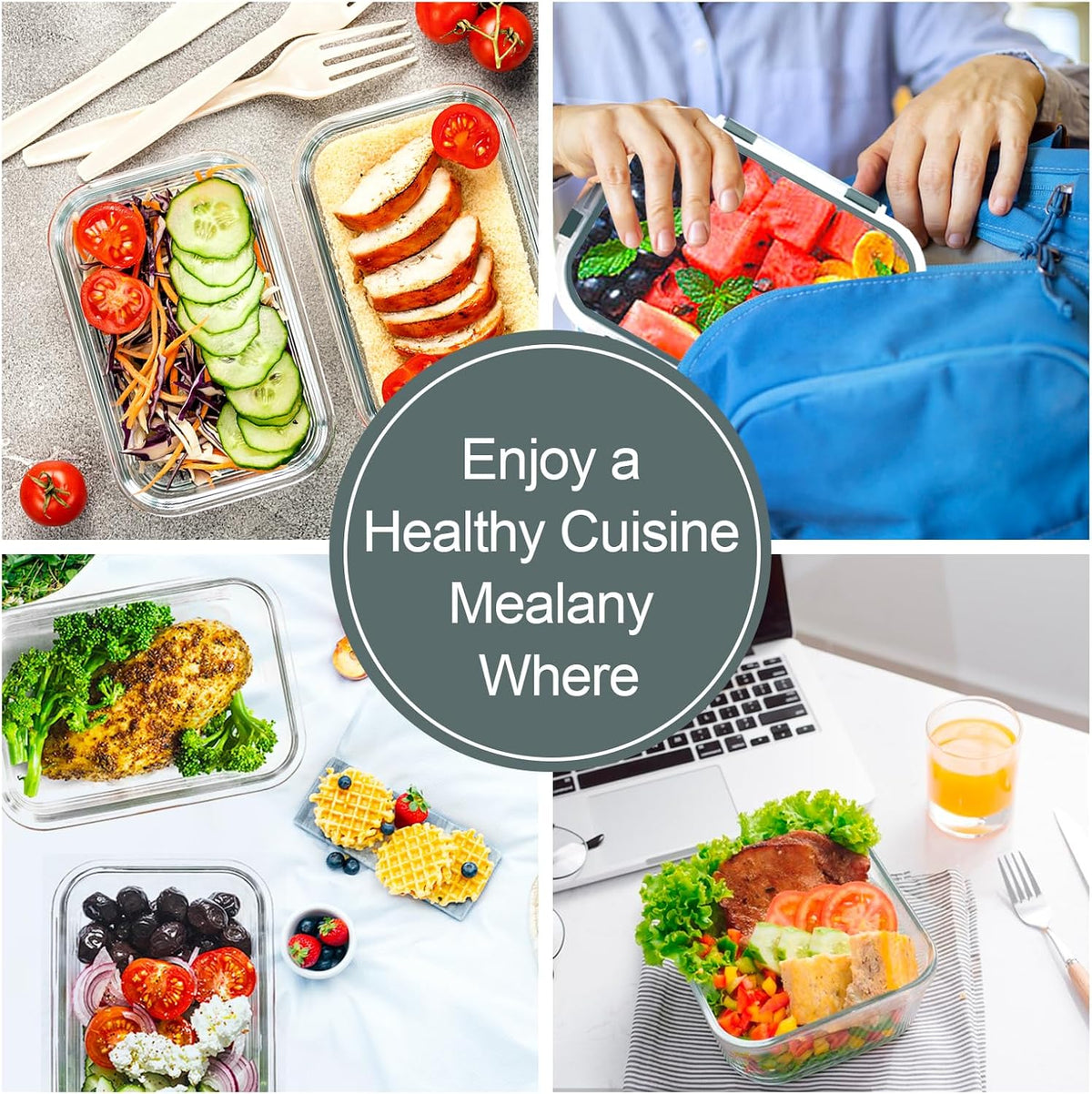 VERONES Glass Meal Prep Containers - 10 Pack Airtight, Stackable Food Storage Set with Lids | BPA-Free, Microwave & Oven Safe, Grey