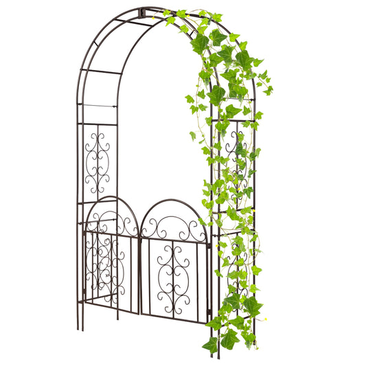 Plow & Hearth Arch Metal Outdoor Garden Arbor, 84 inches Tall, Iron Trellis Lattice for Climbing Plants, Wedding Arch, Outdoor Patio Décor (Montebello-Gunmetal with Gate)