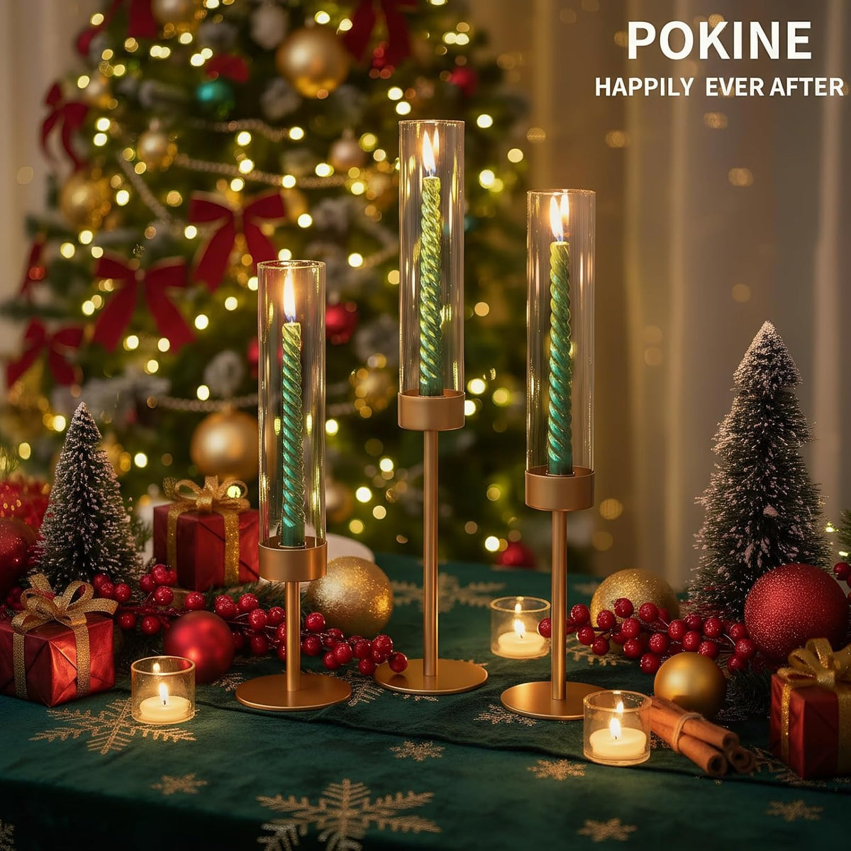 POKINE Tall Candle Holders - Set of 3 Hurricane Glass Taper Holders for Weddings & Parties