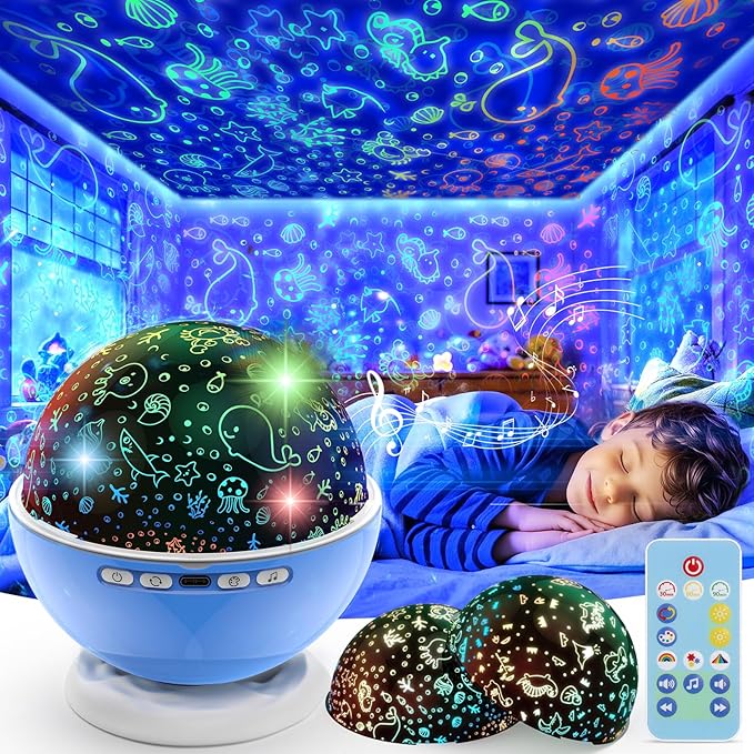 Night Light Projector,Night Light for Kids Room with Remote and Timer,360° Rotation,3 Projection Films,18 Light Modes,8 Lullaby Songs,Kids Night Lamp, Christmas Birthday Gifts for Boys Girls (Blue)