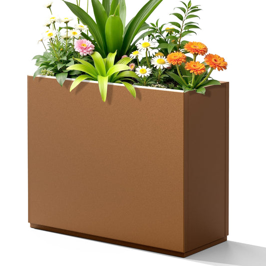 FENCY Metal Planter Box, Large Rectangular Planters for Outdoor Plants, Outdoor Tall Planters with Drainage Holes, Brown Metal Planters (30" L x 12" W x 24" H)