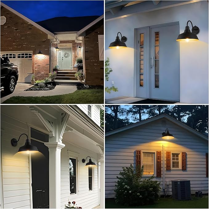 12.4'' Barn Lights Outdoor, Dusk to Dawn Outdoor Lighting Wall Mount, Farmhouse Outdoor Wall Sconce Vintage Dome Gooseneck Barn Light for Porch Garage Patio, Waterproof Rustproof, 2-Pack