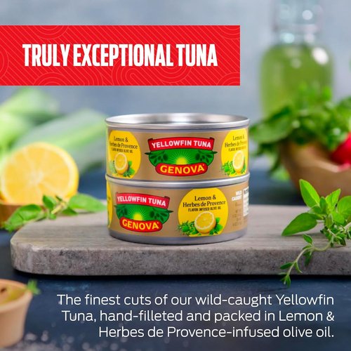 Genova Premium Yellowfin Tuna - Lemon & Herbes de Provence Infused Olive Oil | 5 Ounce Cans (Pack of 12)
