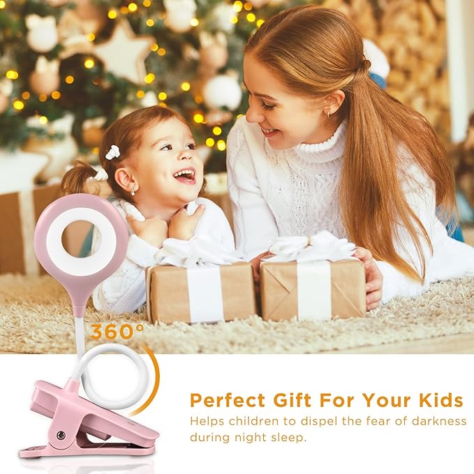 Desk Lamp LED Clip on Light, 5 Modes 5 Brightness Dimmable Clamp Light, Rechargeable Battery Flexible Clip on Reading Lamp for Bed Headboard Bunk Bed at Night for Kids (Pink)
