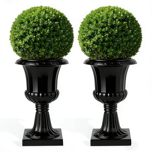 12 Inch 2 Pack Large Urn Planters For Outdoor Plants, 19.6" Tall Classic Plastic Flower Pots, Vintage Decorative Planter For Front Porch Entryway Patio Garden Wedding Home Decor (Black, 2 pcs)