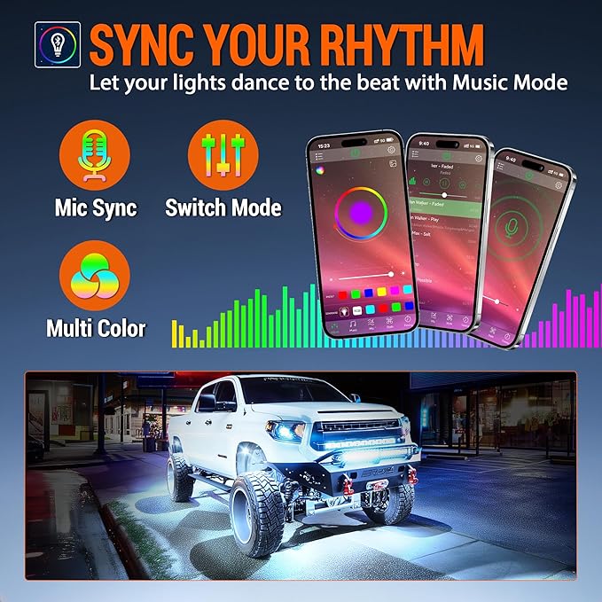 RGB Rock Lights, 12 pods Underglow Neon Lights Kits，APP/RF Remote Control & Music Mode, Waterproof Wireless Multicolor Lamps for Off Road Truck SUV ATV UTV Boat