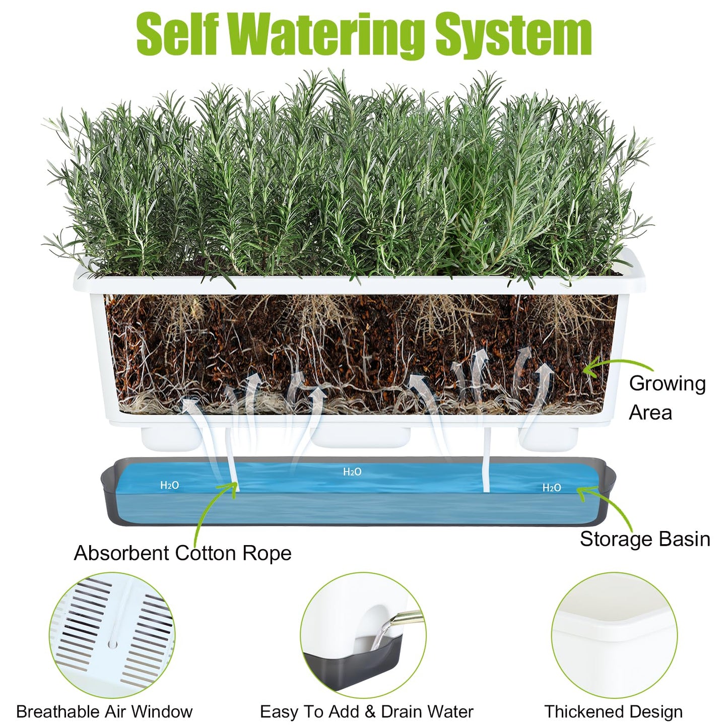 Window Box Planter 4 Packs, 17 Inches Rectangle Flower Pots with Drainage Holes & Trays, Pots for Vegetables, Herbs, Flowers, Garden Windowsill Balcony (White, 17 * 5.1 * 6 inch)