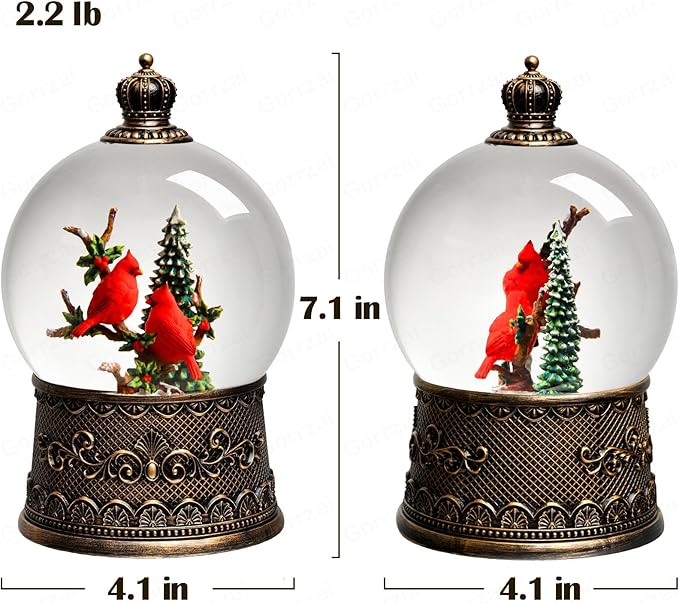 Cardinal Snow Globe Christmas Snow Globes Lantern, Lighted Christmas Decorations Indoor for Home with Music Timer Swirling Glitter, Light Up Musical Cardinals Decor, USB or Battery Operated