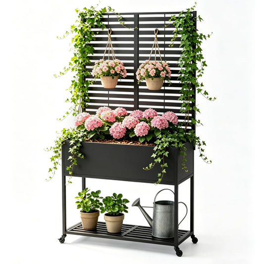 Metal Planter with Trellis for Outdoor,Elevated Rust-Proof Raised Garden Bed with Legs & Wheels,70" Privacy Planter for Climbing Plants & Flowers,Outside Movable Raise Box for Patio,Black (Black)