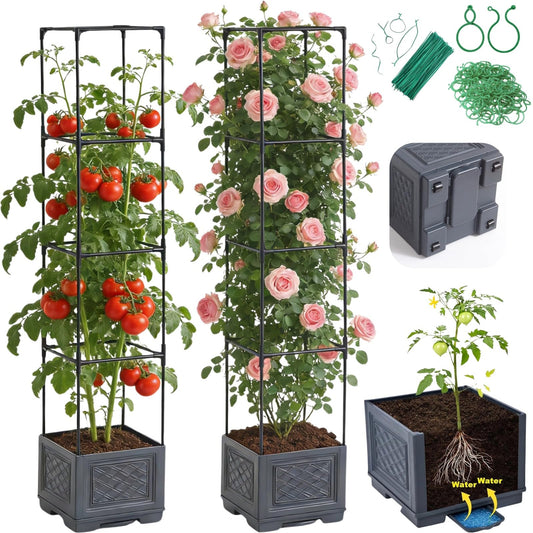 Jesosia Tomato Planter Box with Trellis - Self-Watering Rolling Raised Garden Bed with Tomato Cages for Climbing Plants - Tomato Pots with Cage Plant Support for Flower Vegetable Vine Indoor Outdoor