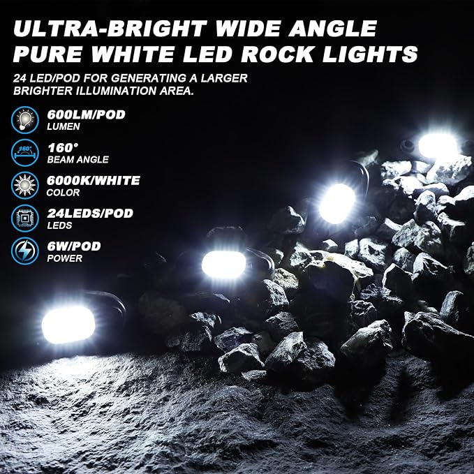 Rock Lights with 15FT Wire Extender, Aluminum Case, 24Chip High Power 6000k Pure White, Waterproof IP68 Underglow Lights for Trucks Jeep UTV ATV(12 PCS)