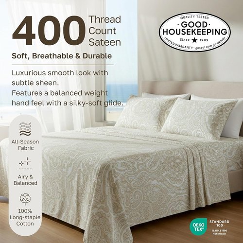 California Design Den 100% Cotton Full Size Sheet Set - 400 TC, Award-Winning Sateen Finish, Deep Pockets, Paisley Beige