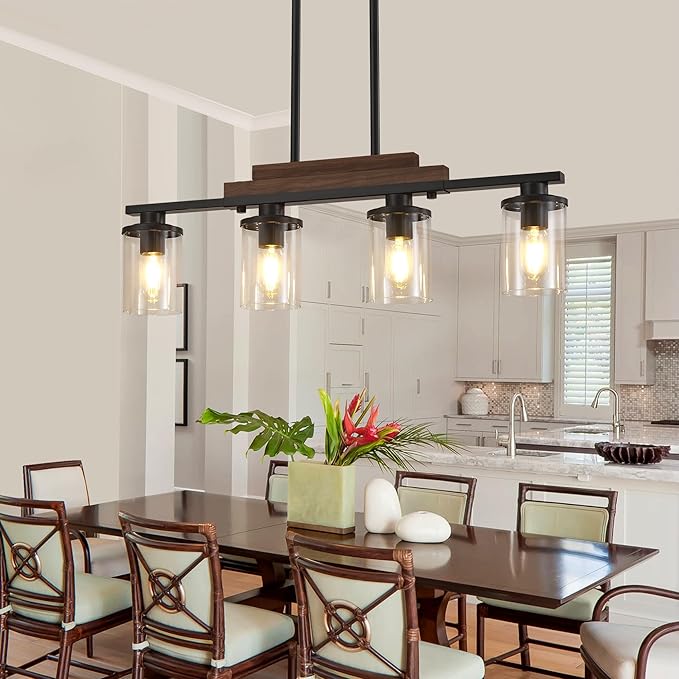 Pendant Lights Kitchen Island, 4-Light Farmhouse Chandeliers for Dining Room, Black Linear Chandelier with Clear Glass Shades, Modern Rustic Wood Chandelier with Adjustable Height