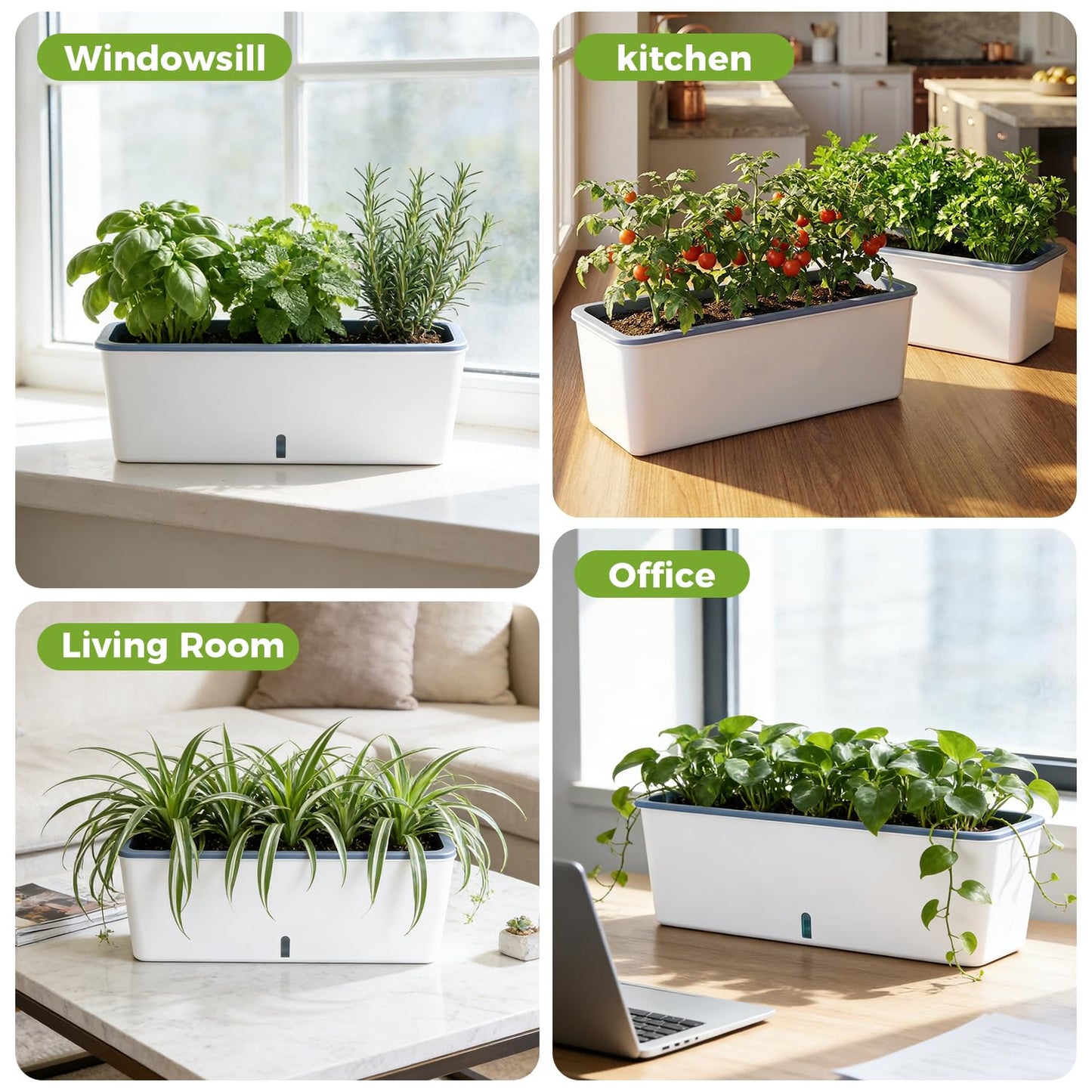 4 Pack Rectangular Planter 17 x 4.5 in Self Watering Planter Window Sill Planters Indoor Rectangle Planter Self Watering Pots Plastic Plant pots with Drainage Holes White Flower Pot Indoor