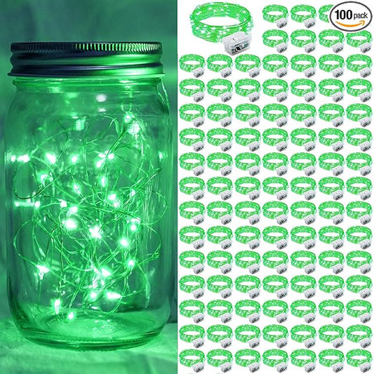 100 Pack Green Fairy Lights 7Ft 20 LED Twinkle String Lights 3 Modes Battery Operated Waterproof Firefly Starry for Mason Jar Table Centerpieces Halloween Christmas St. Patrick's Day