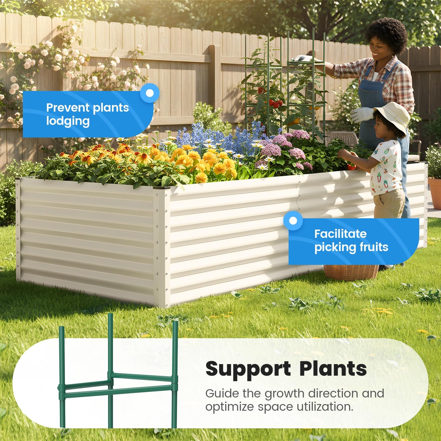Quictent Galvanized Raised Garden Bed 8x4x2 Ft Tall Metal Planter Box for Vegetables Bottomless for Backyard, 2 Tomato Cages Included, 22.04" Deep, Beige