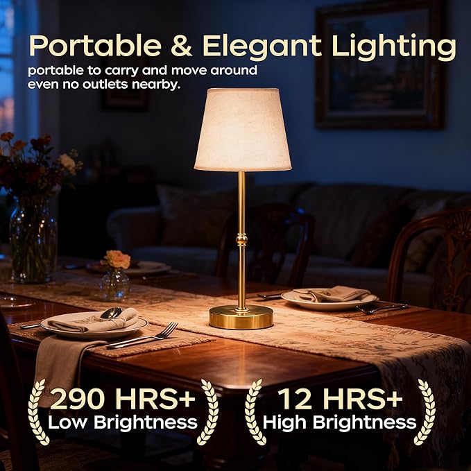 Cordless Table Lamp Rechargeable, LED Table Lamps with Touch Control, Stepless Dimmable Bedside Lamp, 6000mAh Battery Operated USB-C Lamp for Bedroom, Dining, Patio, Small Fabric Lamp Gold 2PCS