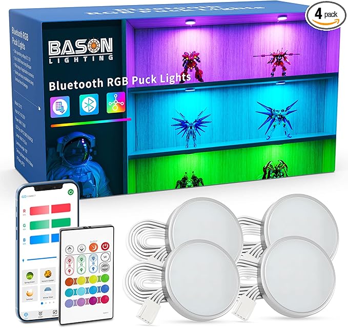 BASON LIGHTING RGB Under Cabinet Lighting, Halloween Decoration Lights, Bluetooth APP Control LED Puck Lights, Dimmable, Adapter Powered Shelf Decorative for Kitchen, Counter, Glass Cabinets