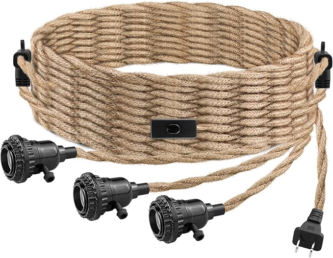 3 Light Plug in Pendant Light Cord, 25FT Hanging Lights with Plug in Cord, Hemp Rope Hanging Light Kit with 2 Way Switch, Farmhouse Pendant Light Kits DIY HangingLight