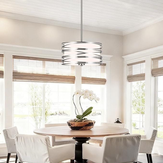 12.6'' Brushed Nickel Drum Chandelier, 3-Lights Hanging Dining Room Light Fixtures Over Table, Simple Round Pendant Lighting for Kitchen Island Hallway Bedroom Foyer Bathroom Office