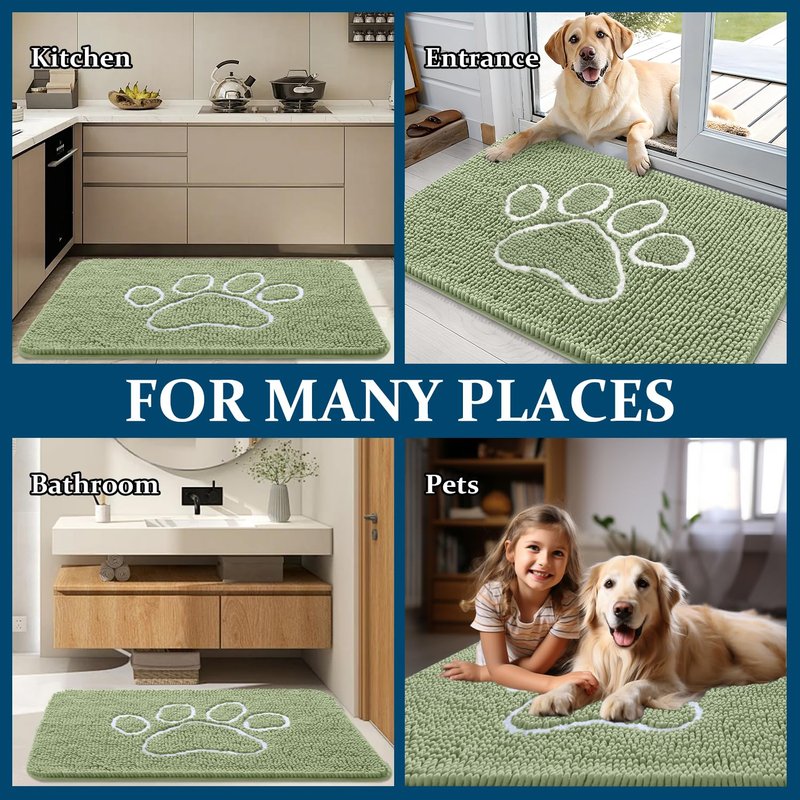 OLANLY Dog Door Mat for Muddy Paws 59x24, Paw Print Design, Absorbs Moisture and Dirt, Non-Slip Washable Doormat, Quick Dry Chenille Mud Mat for Dogs, Entry Indoor Entryway Carpet, Sage Green