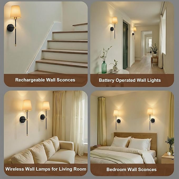 Wall Sconces Battery Operated Set of 2, Rechargeable Wall Sconce, 10 Colors Wireless Wall Sconces Set of Two, 5200mAh Dimmable Bulbs and Remote, for Bedroom Living Room, Hallway (Gold-Black - 24 inch)