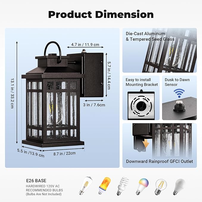 Dusk to Dawn Outdoor Lighting with GFCI Outlet, Modern Oil Rubbed Bronze Exterior Light Fixtures, Anti-Rust Outdoor Lights for House, Garage, Patio, Doorway, 100% Aluminum, Waterproof