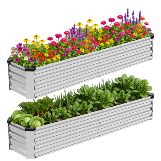 Bujijun 2 Pack 8x2x1FT Galvanized Metal Raised Garden Bed Kit for Vegetables, Herbs, Open-Bottom Large Capacity Outdoor Planter Box Gardening Stakes, Silver