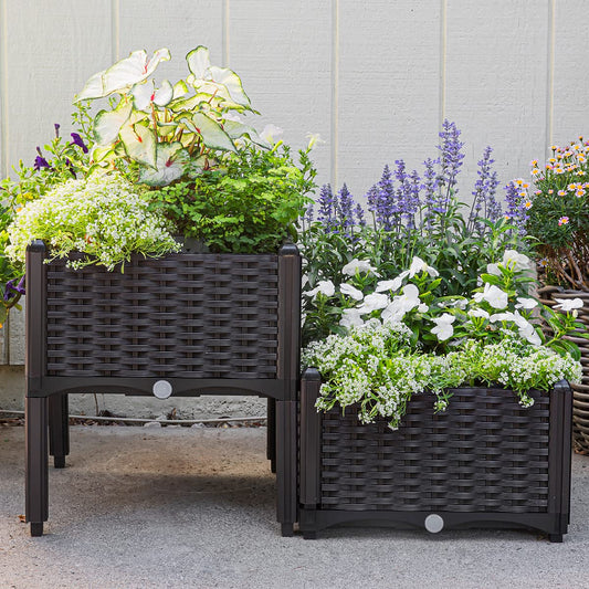 Barton 2 Pieces Raised Garden Bed Brown Plastic w/Self-Watering Design Outdoor Elevated Planter Box Kit Wheels Mobile