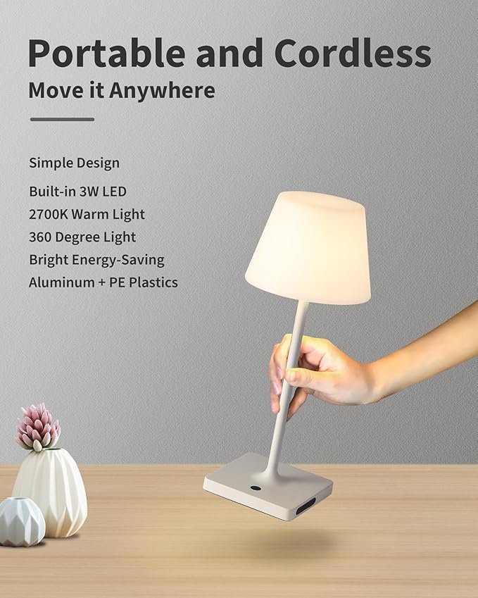 14.5" Small Cordless Touch Table Lamp White, Waterproof Shower Lamp, 4000mAh Rechargeable Portable Battery Powered Dimmable LED Desk Lamps for Outdoor, Restaurant, Bathroom, Camping, Nightlight