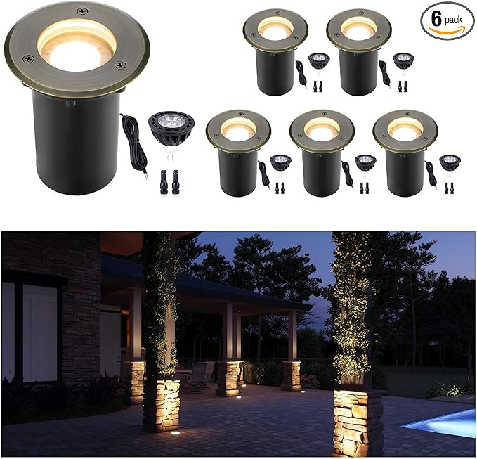 Gardenreet Landscape Well Lights Outdoor - Brass Low Voltage Weatherproof In Ground Lighting, 12V LED Directional Fixture, Antique Bronze for Wall Floor Pathway with 2700K Warm White MR16 Bulb