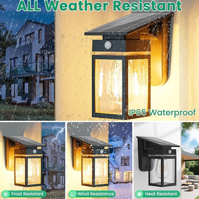 4 Pack Solar Porch Lights Outdoor, Dusk to Dawn & Motion Sensor Wall Light with Lantern Shape, 3 Modes IP65 Waterproof, E26 Bulb Exterior Sconce for Front Porch, Garage, Patio Security