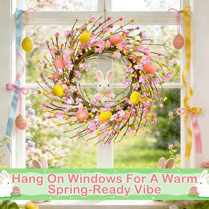Timer - 20 Inch Easter Wreaths for Front Door with 20 Warm LED Lights Colorful Eggs, Battery Operated Easter Decorations fo Home Wall Window Indoor Outdoor Spring Holiday Decorations, Easter Gifts