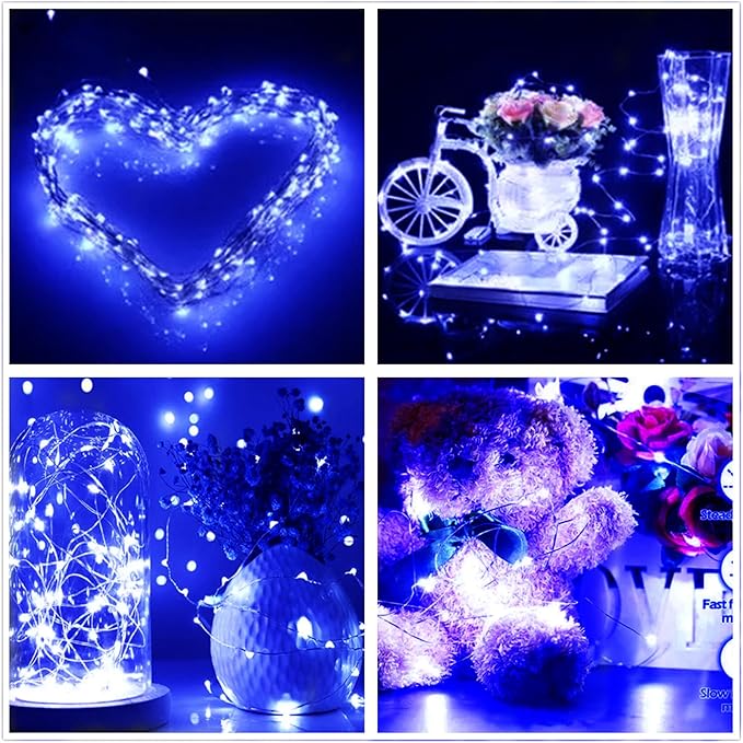 Blue Fairy Lights Battery Operated 3 Speed Modes 7Ft 20 LED Mini Christmas Tree String Waterproof Twinkle Firefly for Bedroom Thanksgiving Valentine's Decor