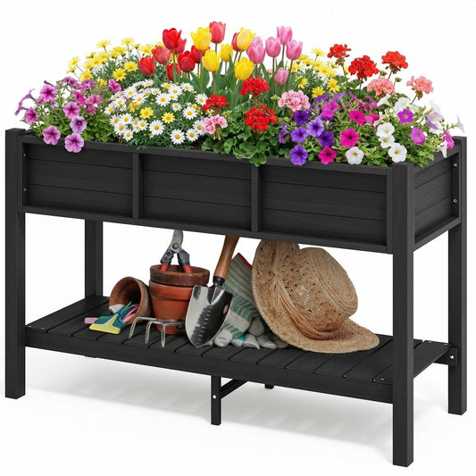 DWVO 48x18x30in Raised Garden Bed Kit, HDPE Planter Box Stand, Poly Wood Weather-Resistant Planter Box with Legs & Storage Shelf, Elevated Garden Bed for Backyard, Patio, Balcony,Black