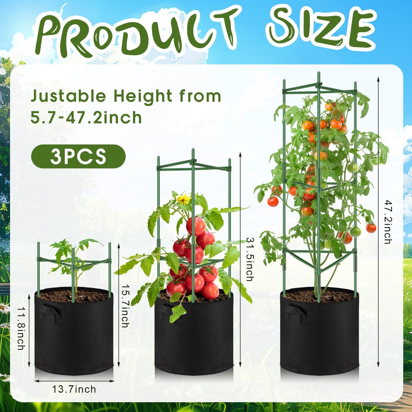 Colingmill 3 Pack 47" Tomato Cages with 10 Gallon Grow Bag Adjustable Tomato Cages for Garden Trellis Pots for Potted Plants Vertical Climbing Vegetables Outdoor Indoor