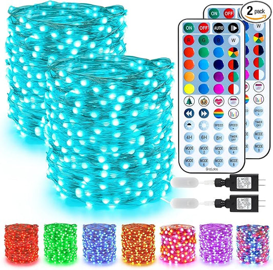 BrizLabs Pastel Fairy String Lights - 2 Pack 66ft 200 LED Color Changing Fairy Lights with Remote, Plug-in RGB Christmas Twinkle Light Rainbow Firefly Starry Light for Xmas Tree Halloween Easter