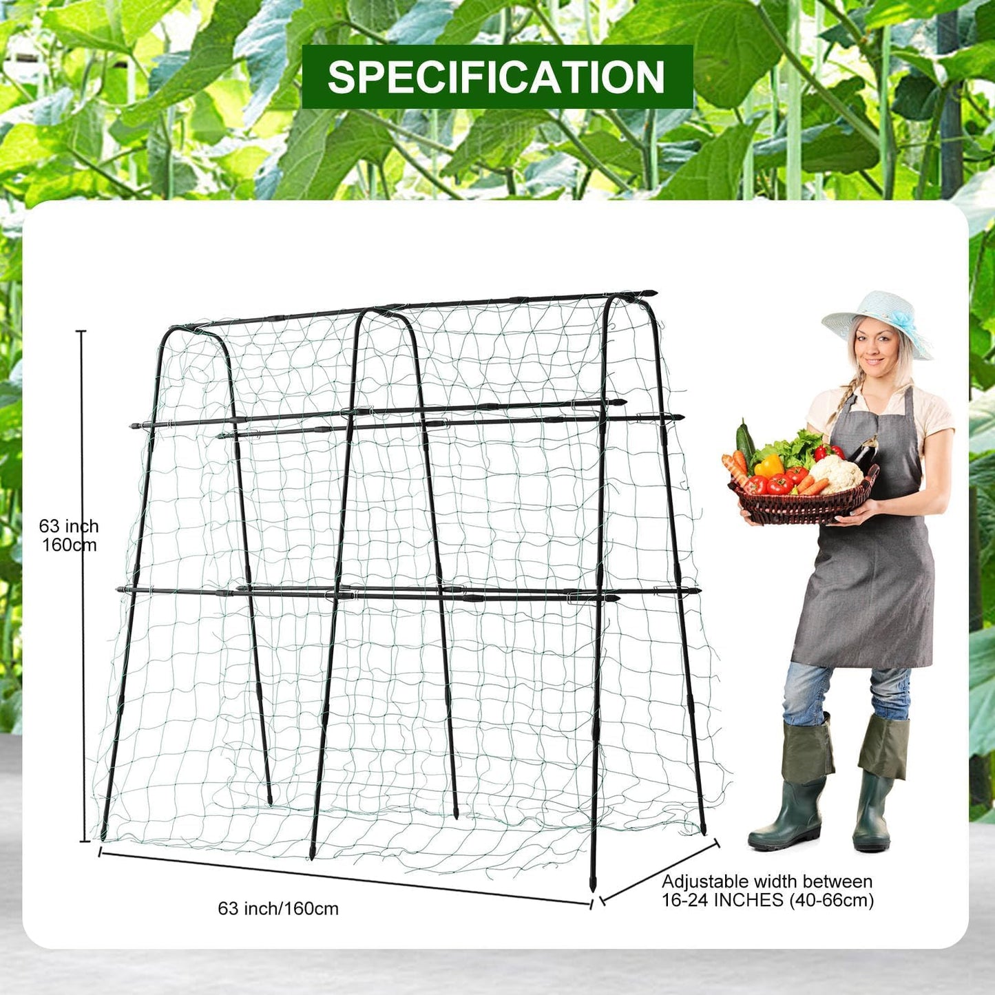 Garden Trellis for Climbing Plants Outdoor, Metal Cucumber Trellis Plant Support for Outdoor Vegetables Fruits Flowers Vines Cucumber Trellis Raised Bed, with Nylon Netting, 63" Hx 63" L, Black