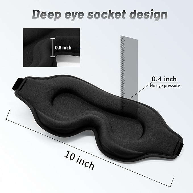 Sleep Eye Mask for Men Women, Lash Extensions 3D Sleeping Mask for Side Sleeper, Travel Blackout Night Blindfold Eye Shade Cover with Adjustable Strap (Black-3D)