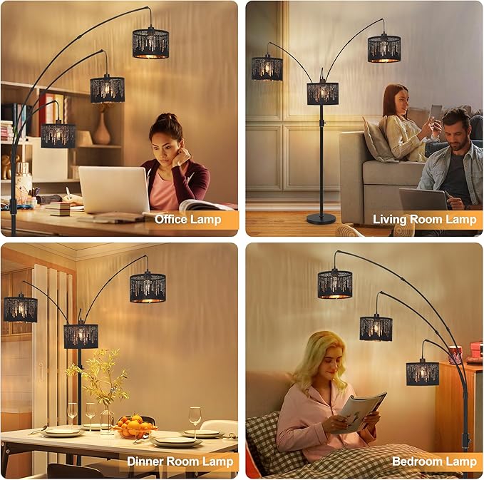 Dimmable Floor Lamp-3 Lights Arc Floor Lamps for Living Room,Modern Tall Standing Lamp With Black Drum Crystal Design Shades,Gothic Mid Century Tree Floor Lamp for Bedroom Corner,Bulbs Included