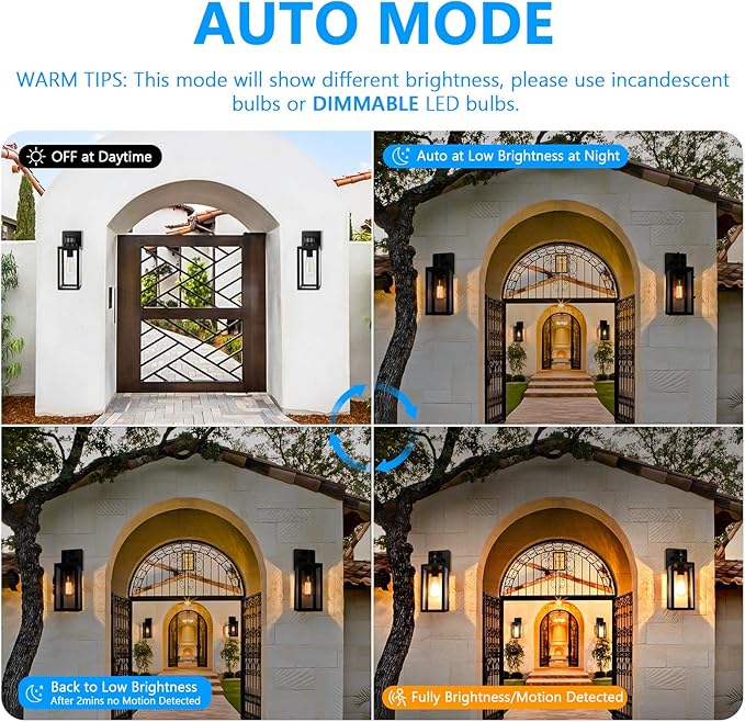 2-Pack Motion Sensor Outdoor Wall Lights, Upgraded Dusk to Dawn Exterior Wall Sconces Lanterns with Seeded Glass, Porch Light Fixtures Outside Lights for House Front Door Entryway Garage, Black