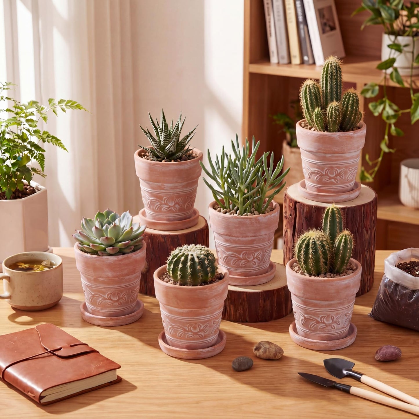 Maxdot Set of 6 Embossed Succulent Pots 4" Small Terracotta Pots with Drainage Hole and Saucer Rustic Clay Succulent Planter Pot Decorative Ceramic Cactu Flower Pot for Indoor Outdoor(Leaf Style)