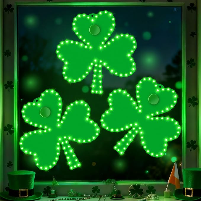 3 Pack 10" St Patricks Day Classics Twinkling LED Shamrock, Hi-Vibrant Aluminum Frame Green Irish Clover Window Silhouette LED Lights, Holiday Waterproof Indoor Outdoor Decoration